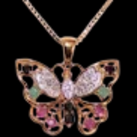 Sterling Silver Vermeil Pendant - Butterfly with .22CT TW Diamonds Emeralds - Picture 1 of 2